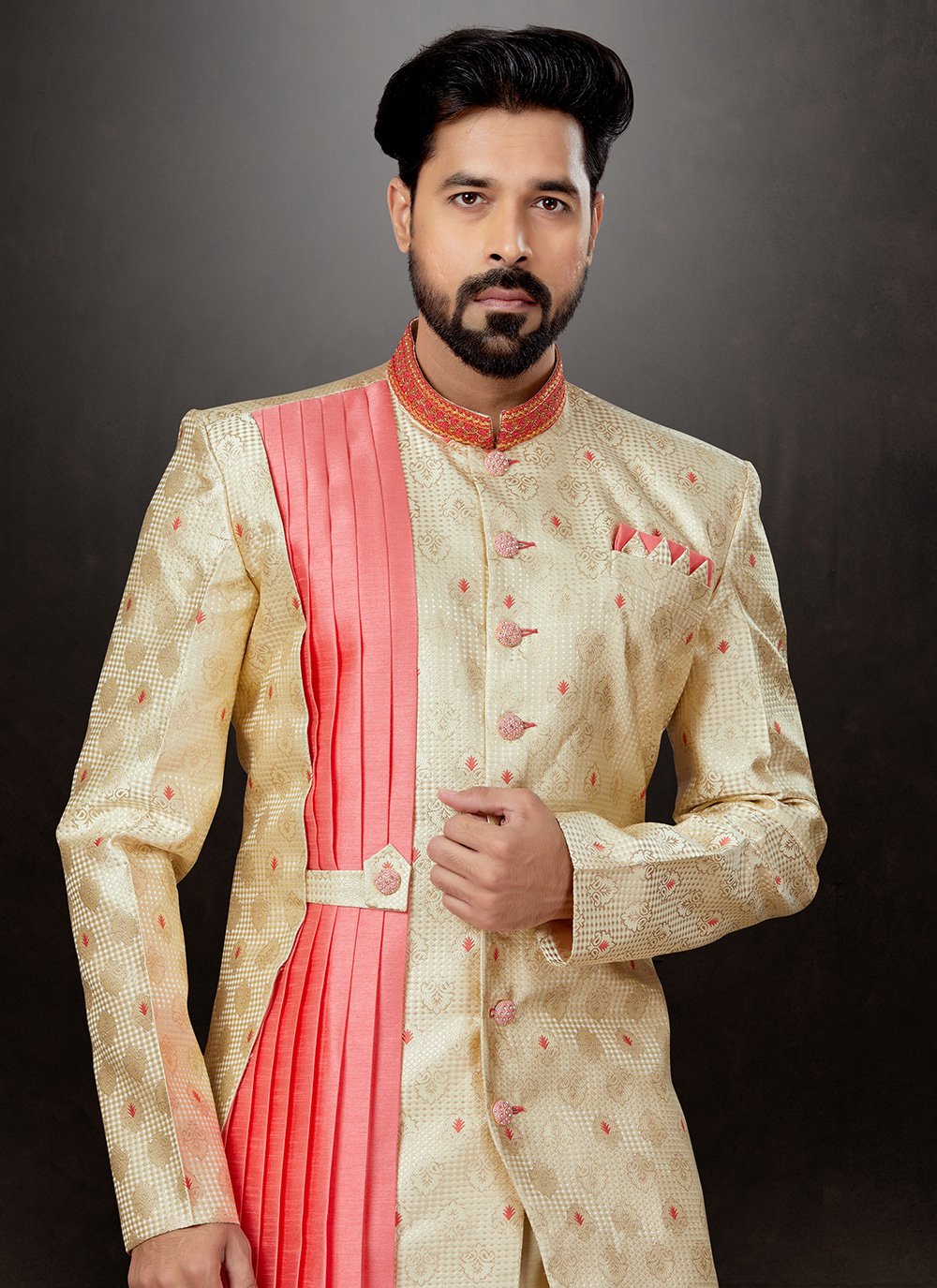 Indo Western Sherwani Jacquard Cream Embroidered Mens