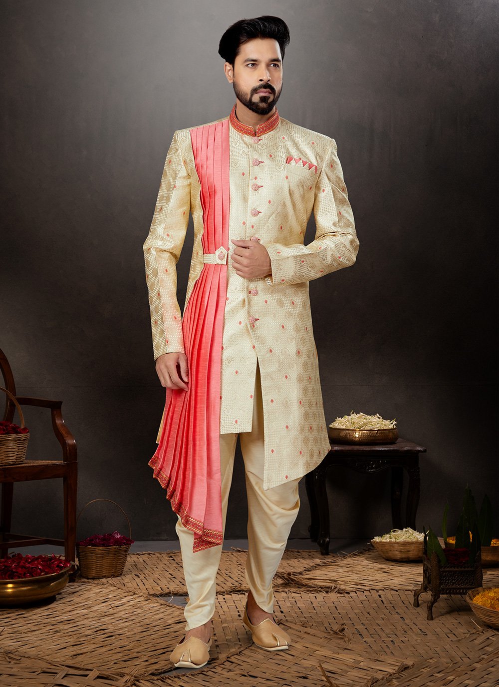 Indo Western Sherwani Jacquard Cream Embroidered Mens