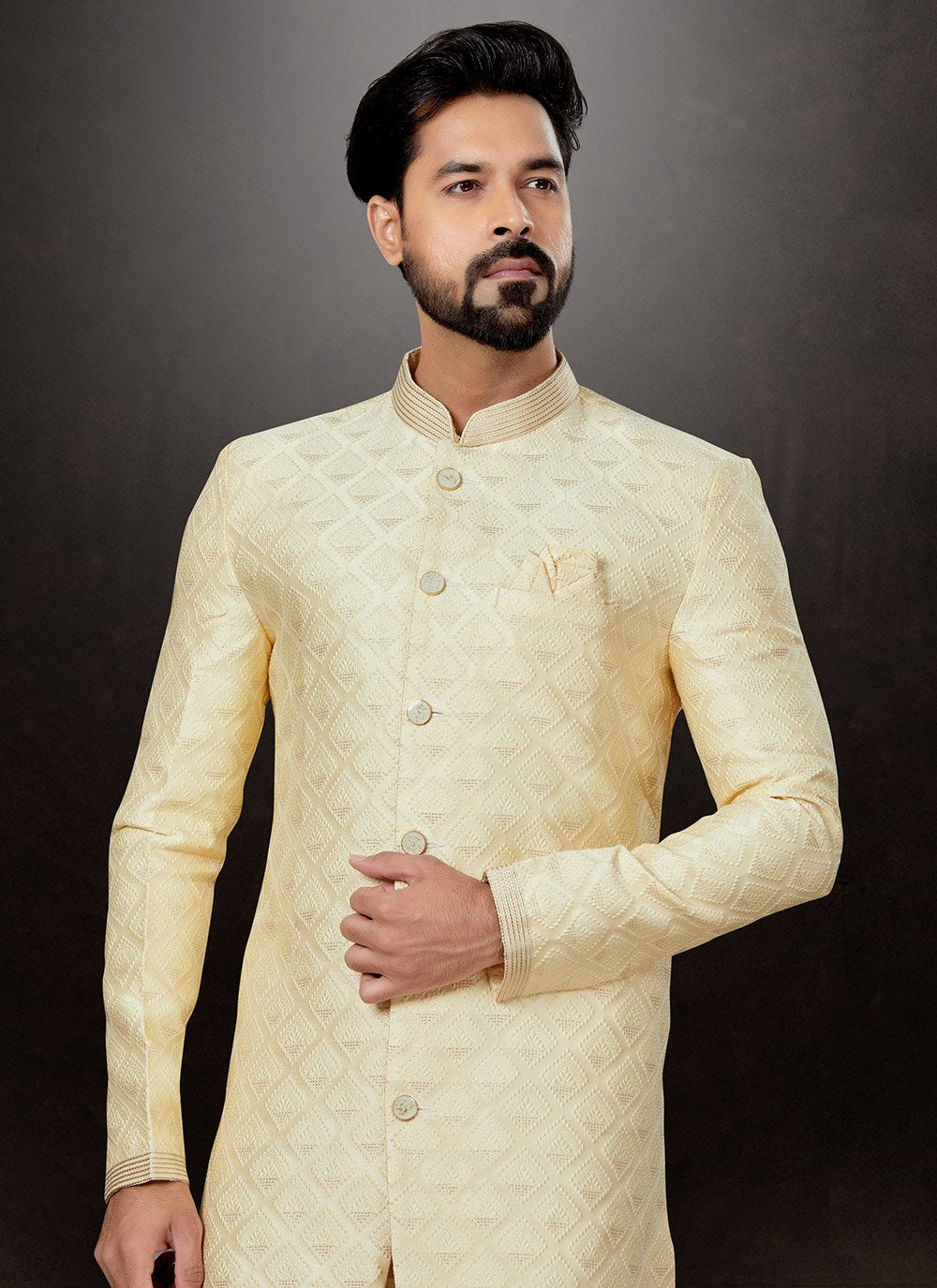 Indo Western Sherwani Jacquard Cream Embroidered Mens