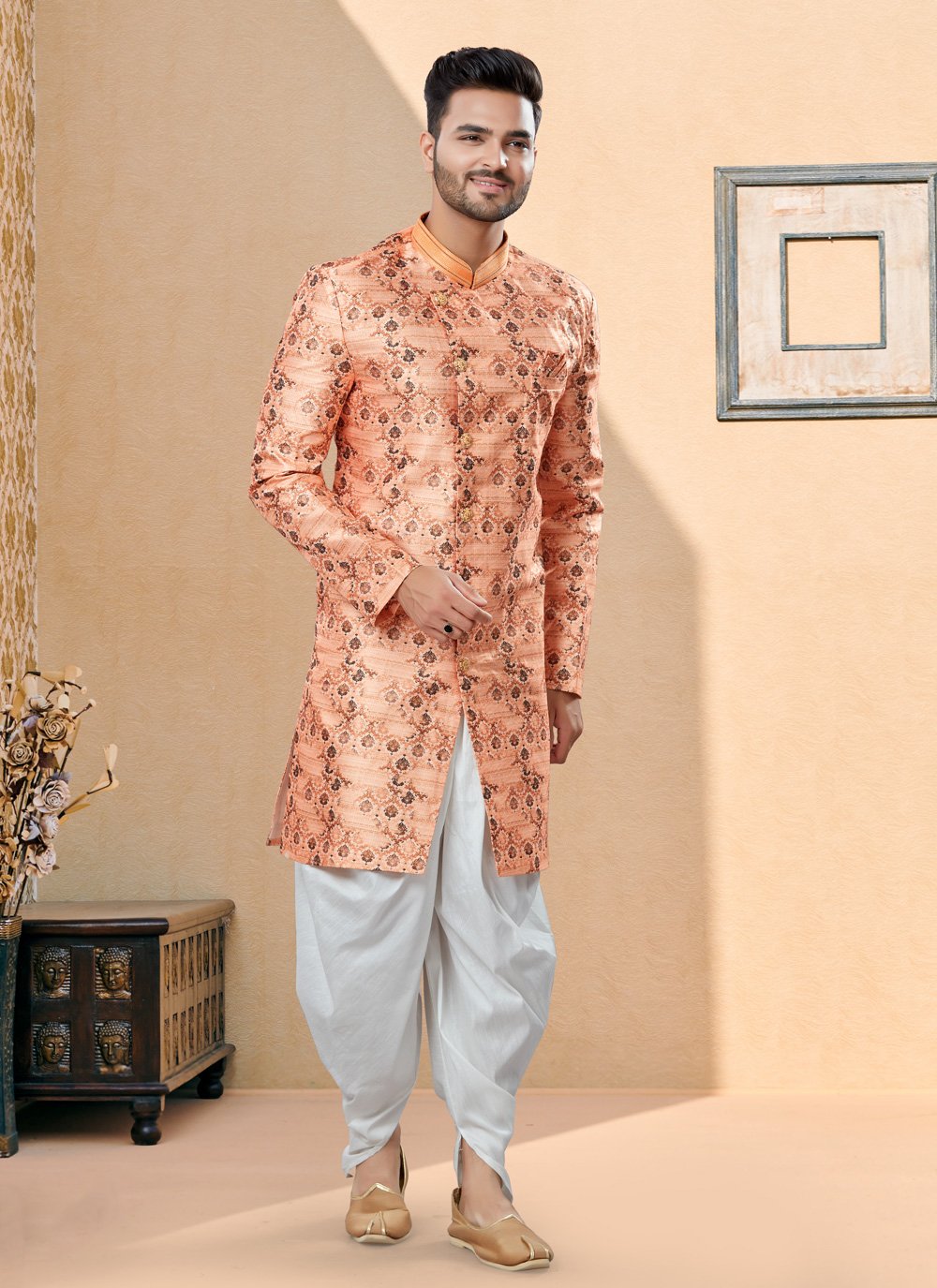 Indo Western Sherwani Jacquard Peach Digital Print Mens