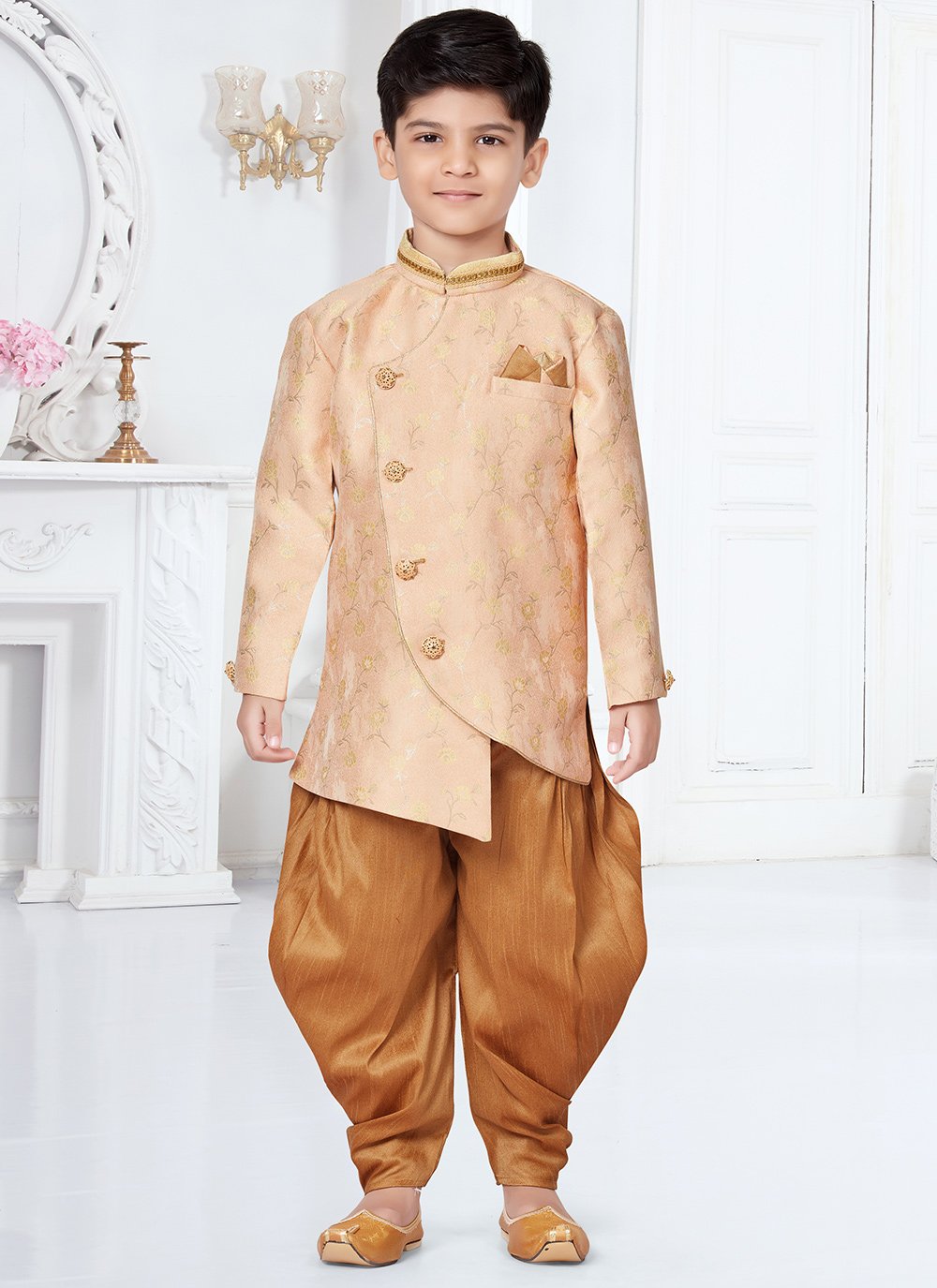 Indo Western Sherwani Jacquard Peach Lace Kids