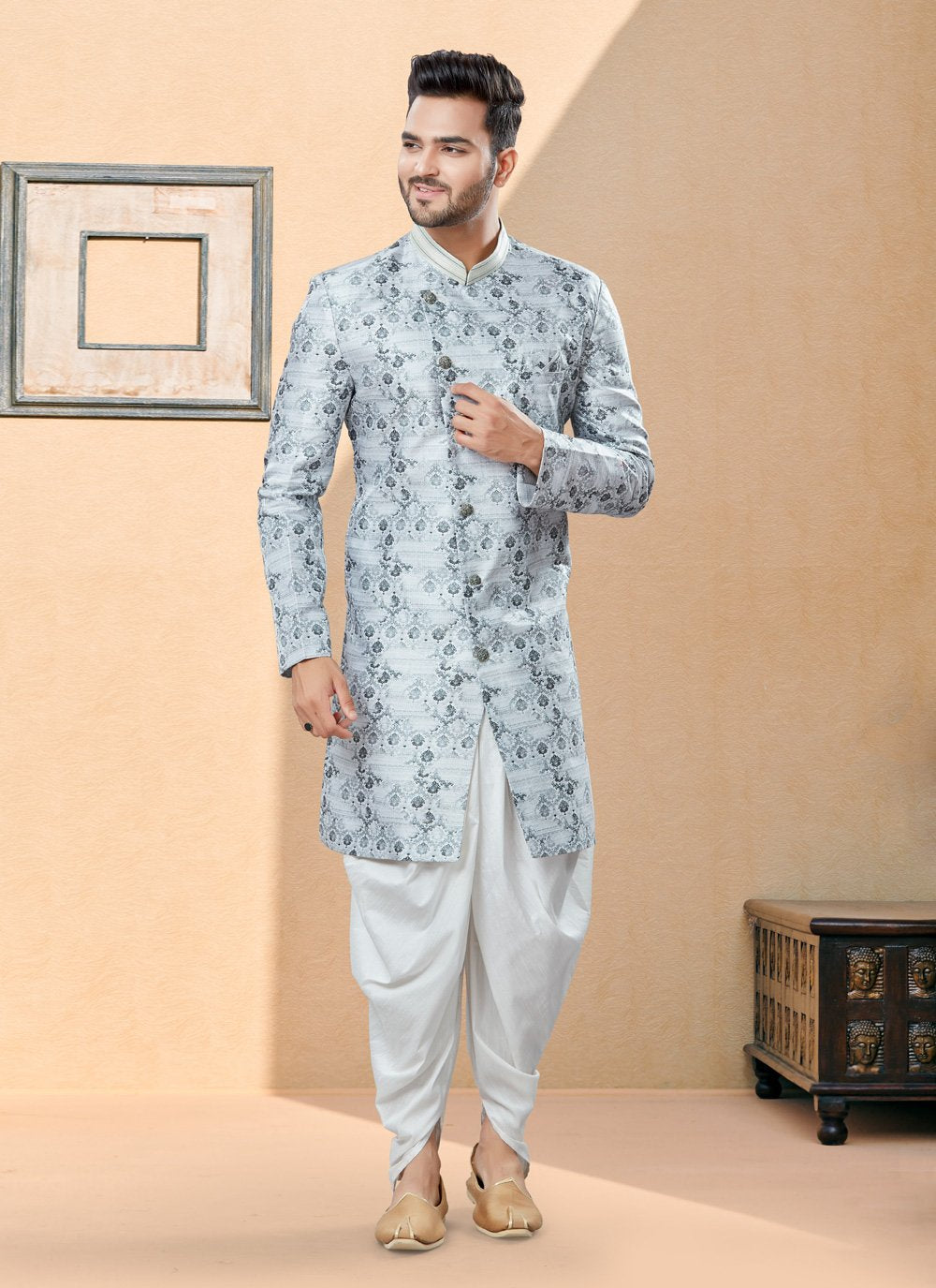 Indo Western Sherwani Jacquard Silver Digital Print Mens