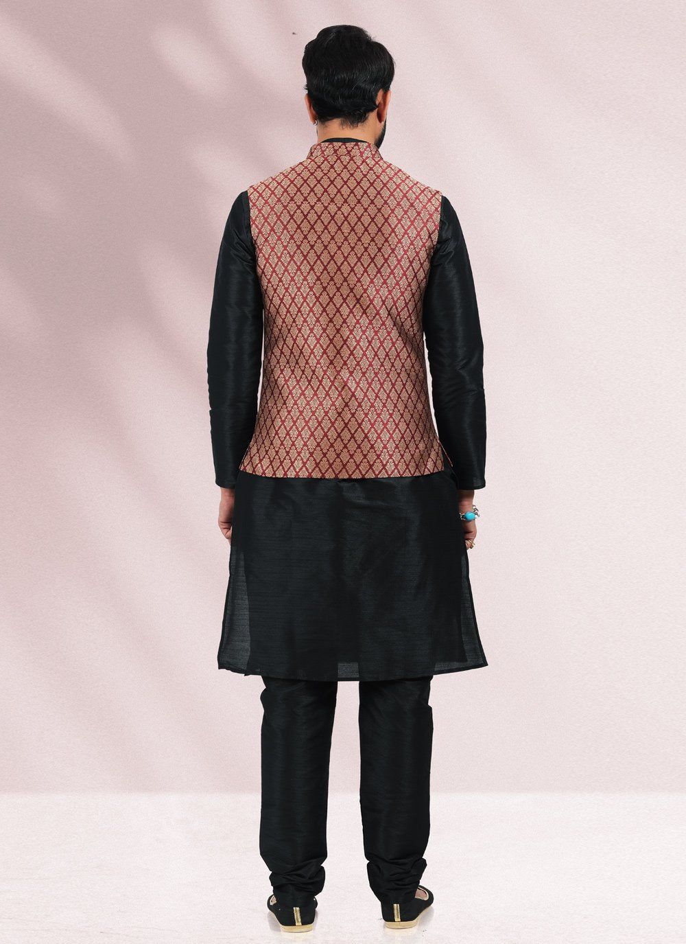 Kurta Payjama With Jacket Banarasi Silk Jacquard Black Maroon Jacquard Work Mens