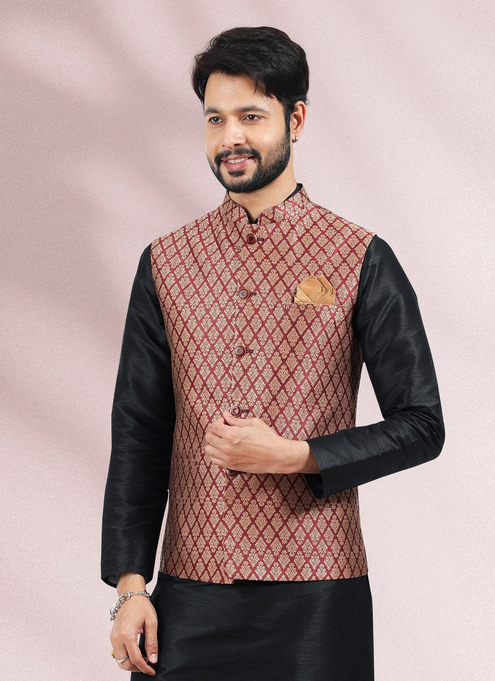 Kurta Payjama With Jacket Banarasi Silk Jacquard Black Maroon Jacquard Work Mens