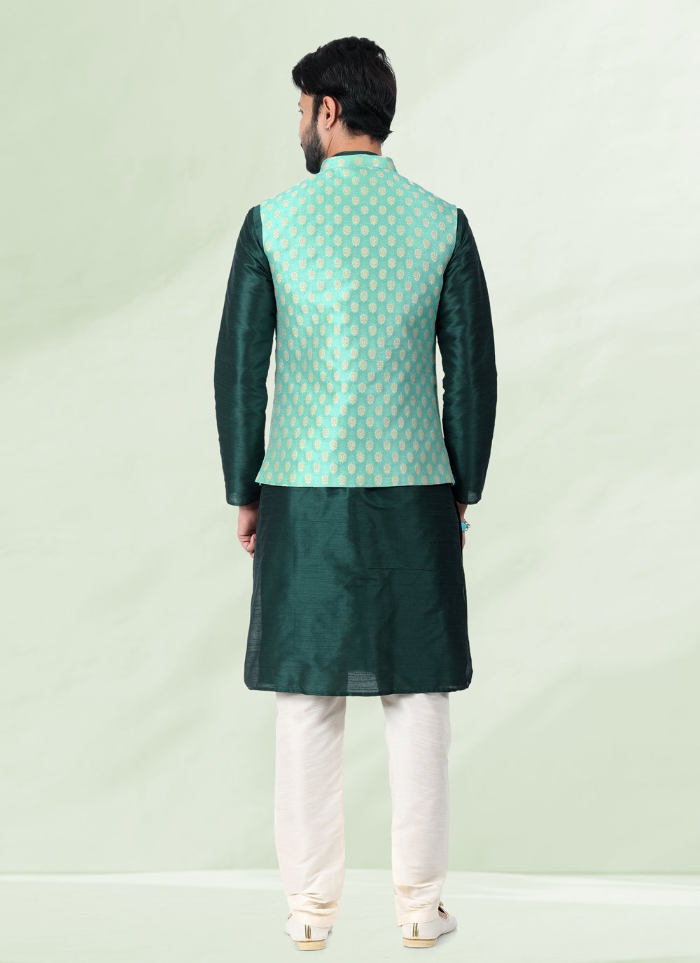 Kurta Payjama With Jacket Banarasi Silk Jacquard Green Jacquard Work Mens