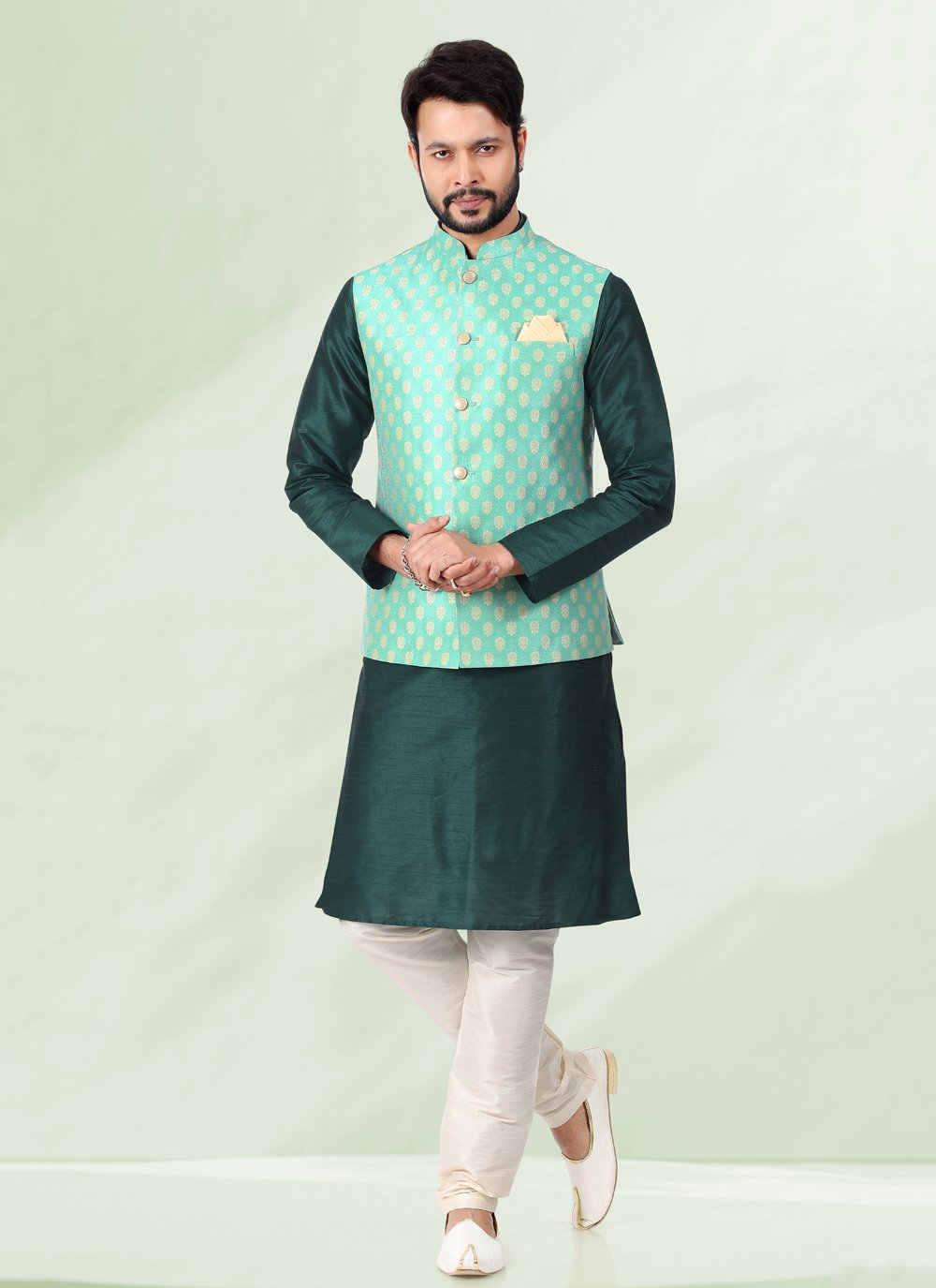Kurta Payjama With Jacket Banarasi Silk Jacquard Green Jacquard Work Mens