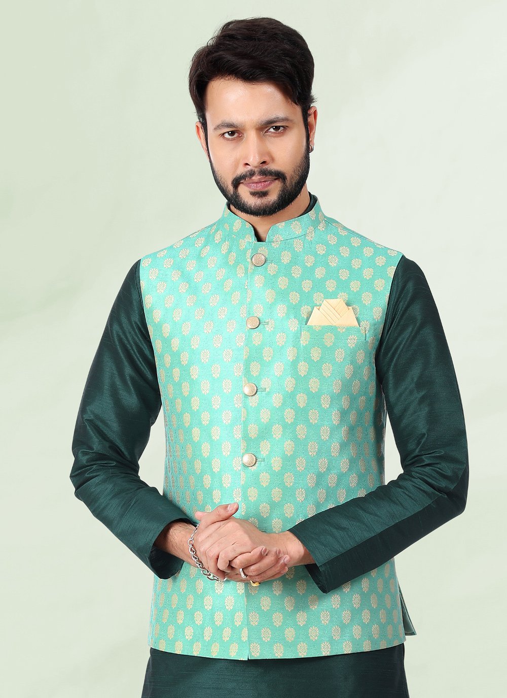 Kurta Payjama With Jacket Banarasi Silk Jacquard Green Jacquard Work Mens