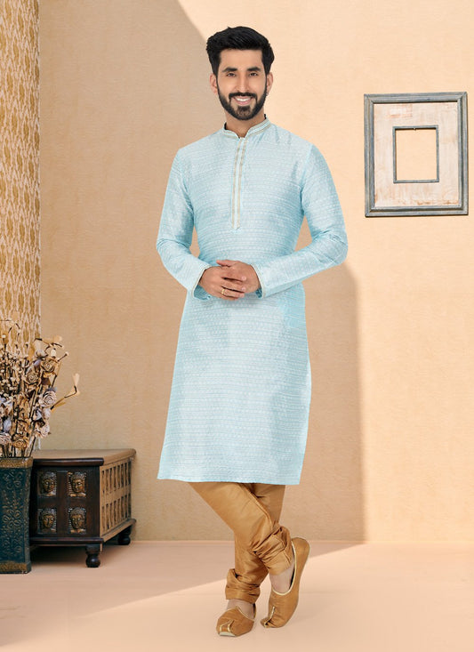 Kurta Pyjama Brocade Jacquard Aqua Blue Jacquard Work Mens