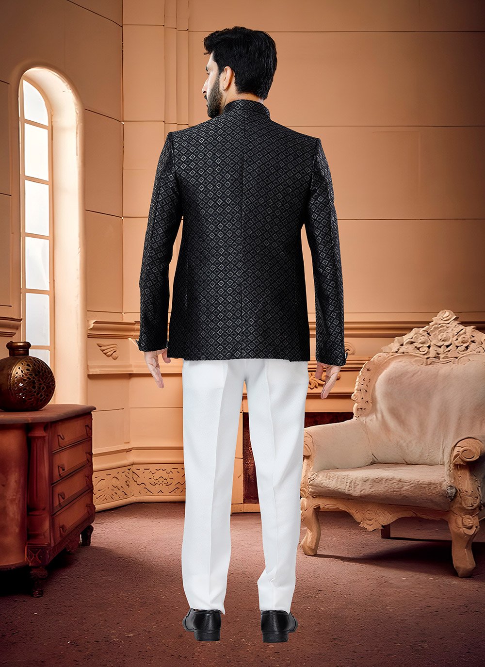 Jodhpuri Suit Jacquard Black Fancy Work Mens