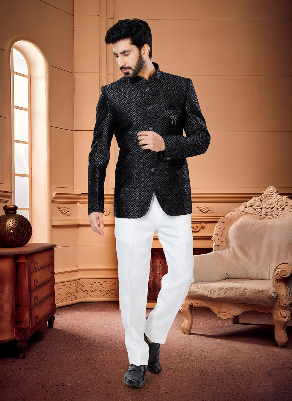 Jodhpuri Suit Jacquard Black Fancy Work Mens