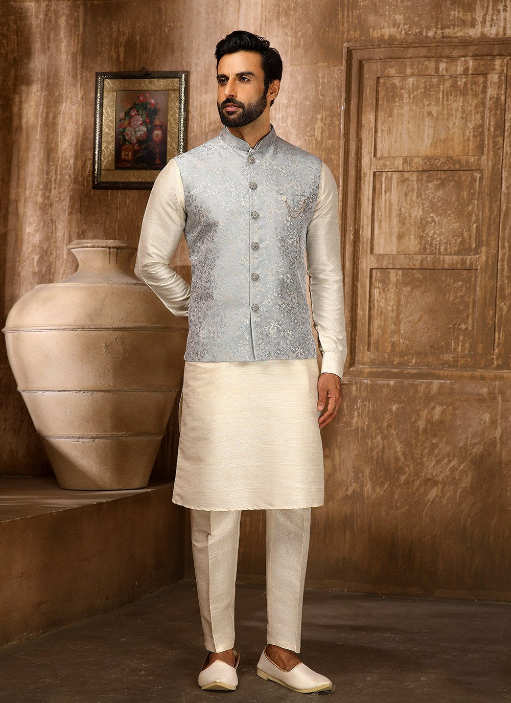 Kurta Payjama With Jacket Jacquard Cream Grey Embroidered Mens