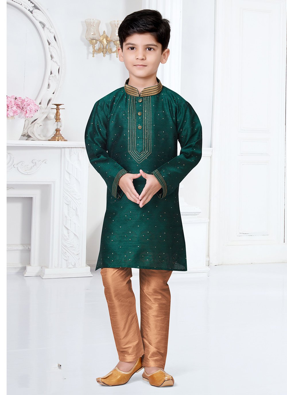 Kurta Pyjama Jacquard Green Lace Kids