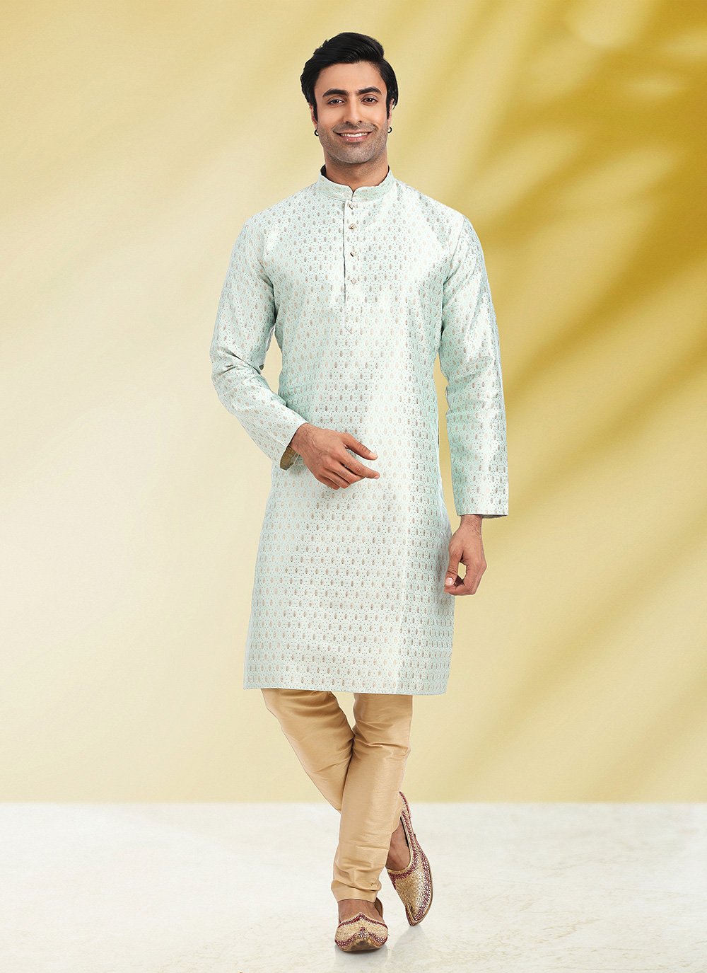 Kurta Pyjama Jacquard Green Fancy Work Mens