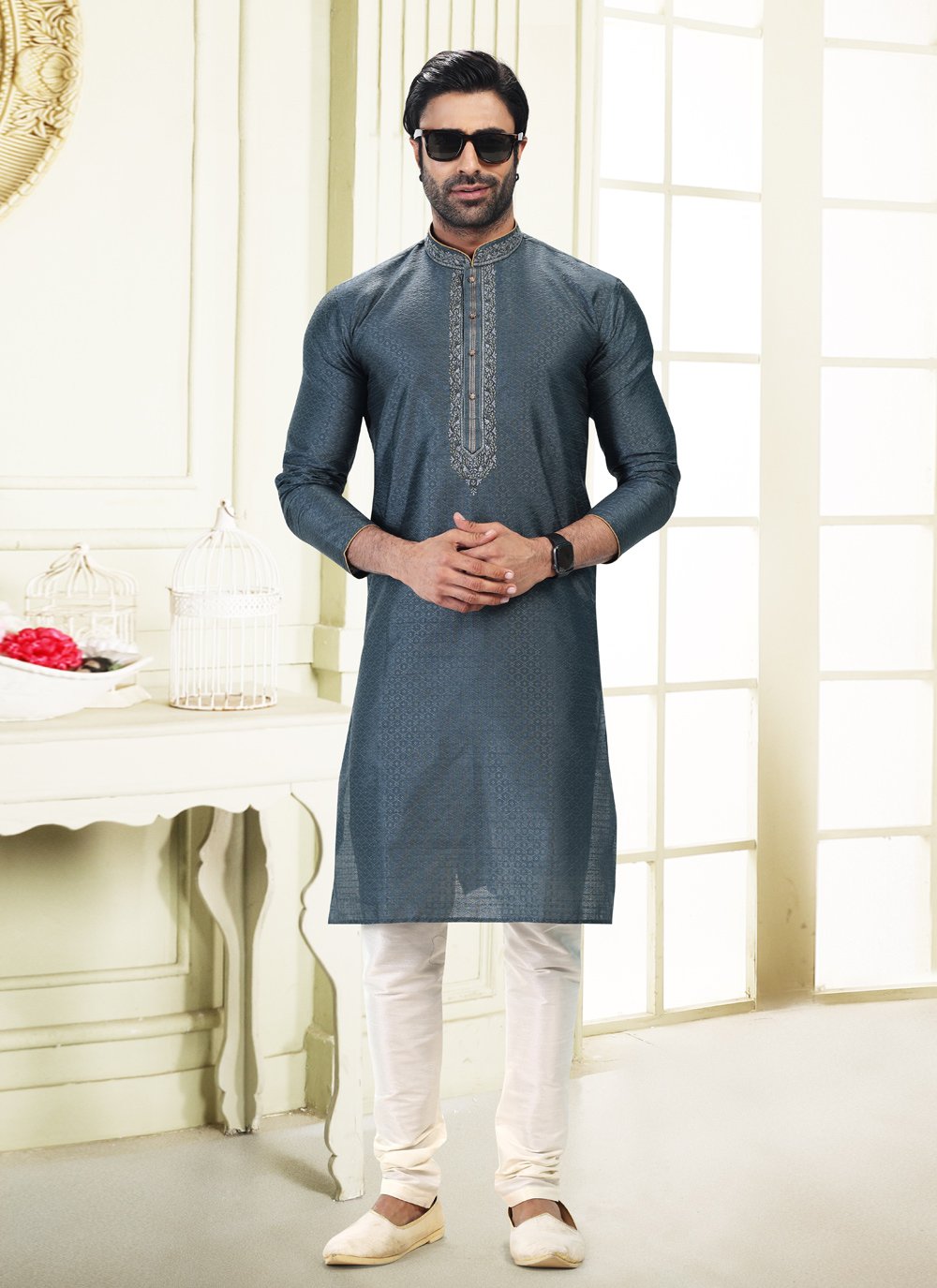 Kurta Pyjama Banarasi Silk Jacquard Grey Fancy Work Mens