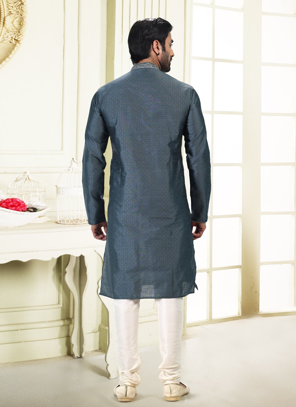 Kurta Pyjama Banarasi Silk Jacquard Grey Fancy Work Mens