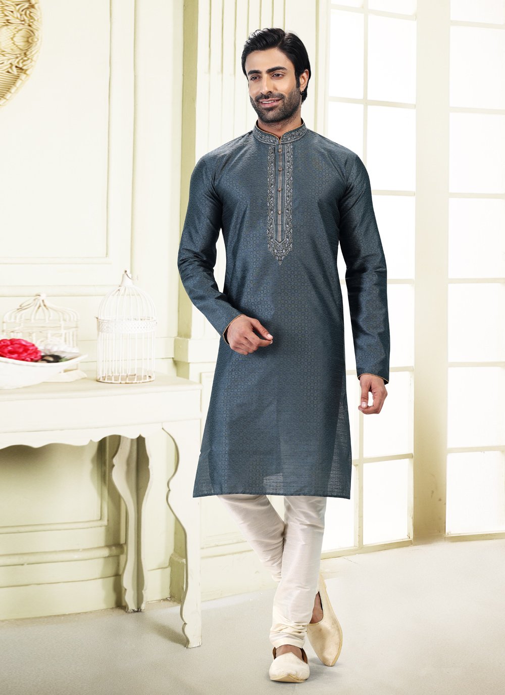 Kurta Pyjama Banarasi Silk Jacquard Grey Fancy Work Mens