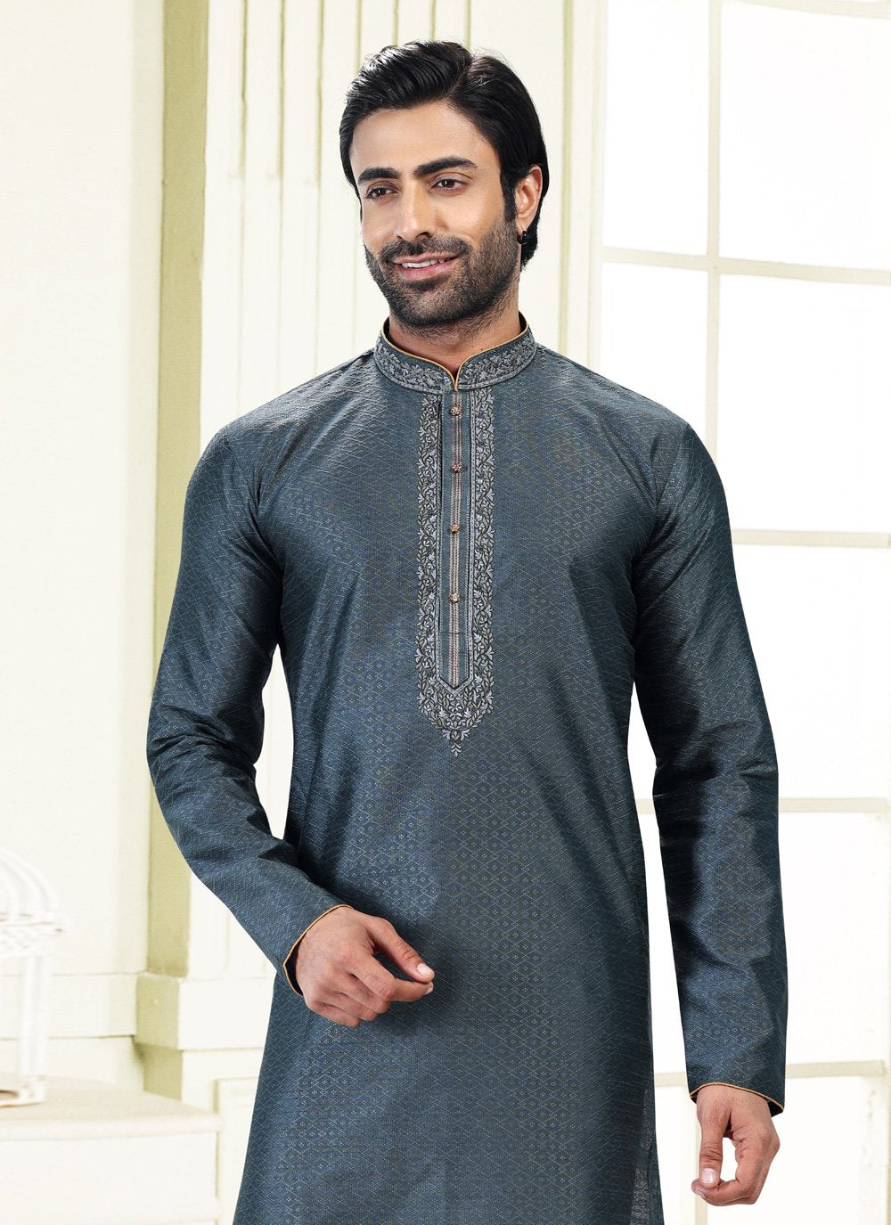 Kurta Pyjama Banarasi Silk Jacquard Grey Fancy Work Mens