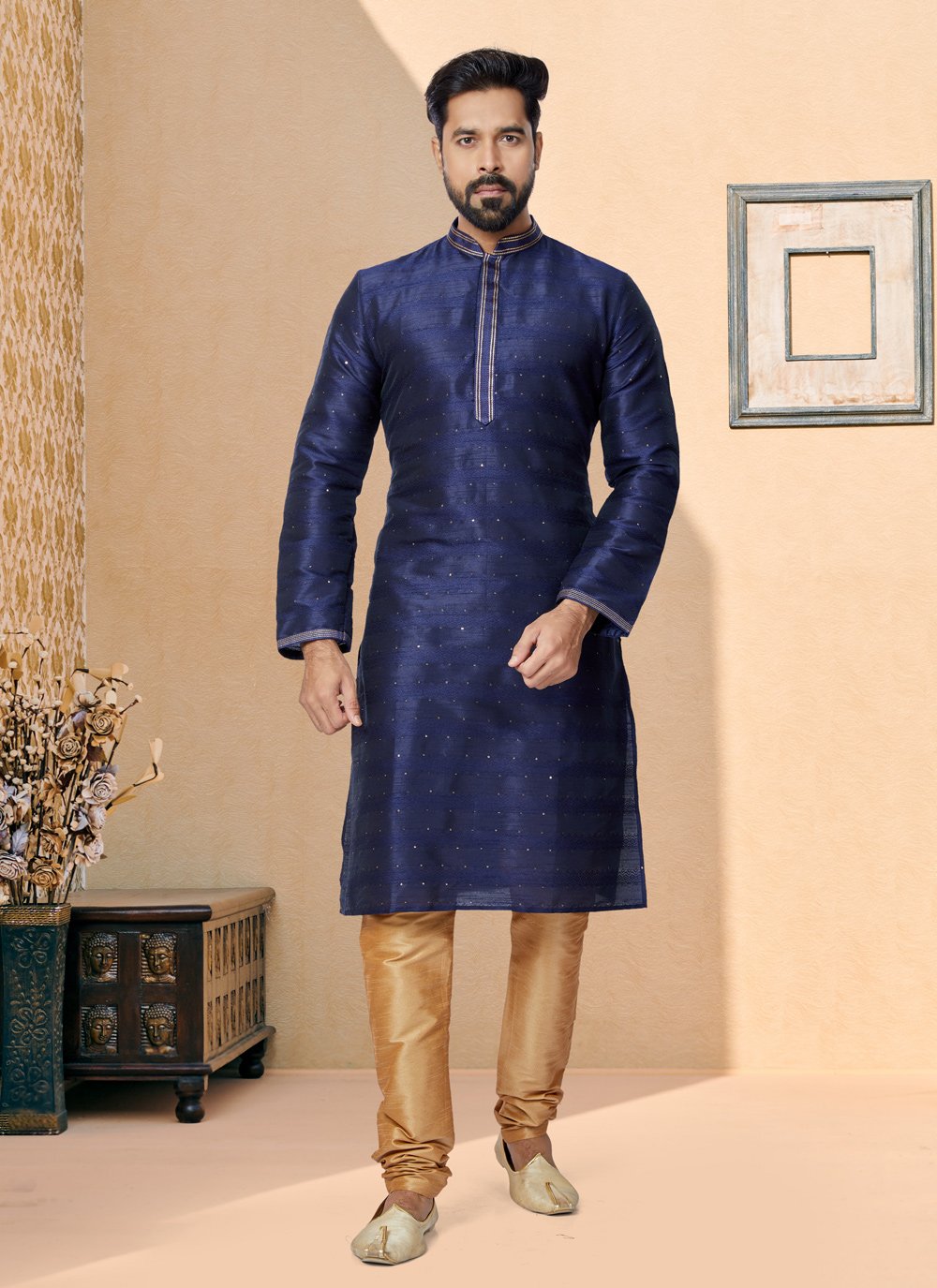 Kurta Pyjama Cotton Jacquard Blue Jacquard Work Mens