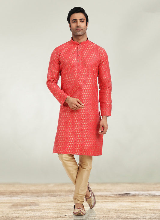 Kurta Pyjama Jacquard Pink Fancy Work Mens