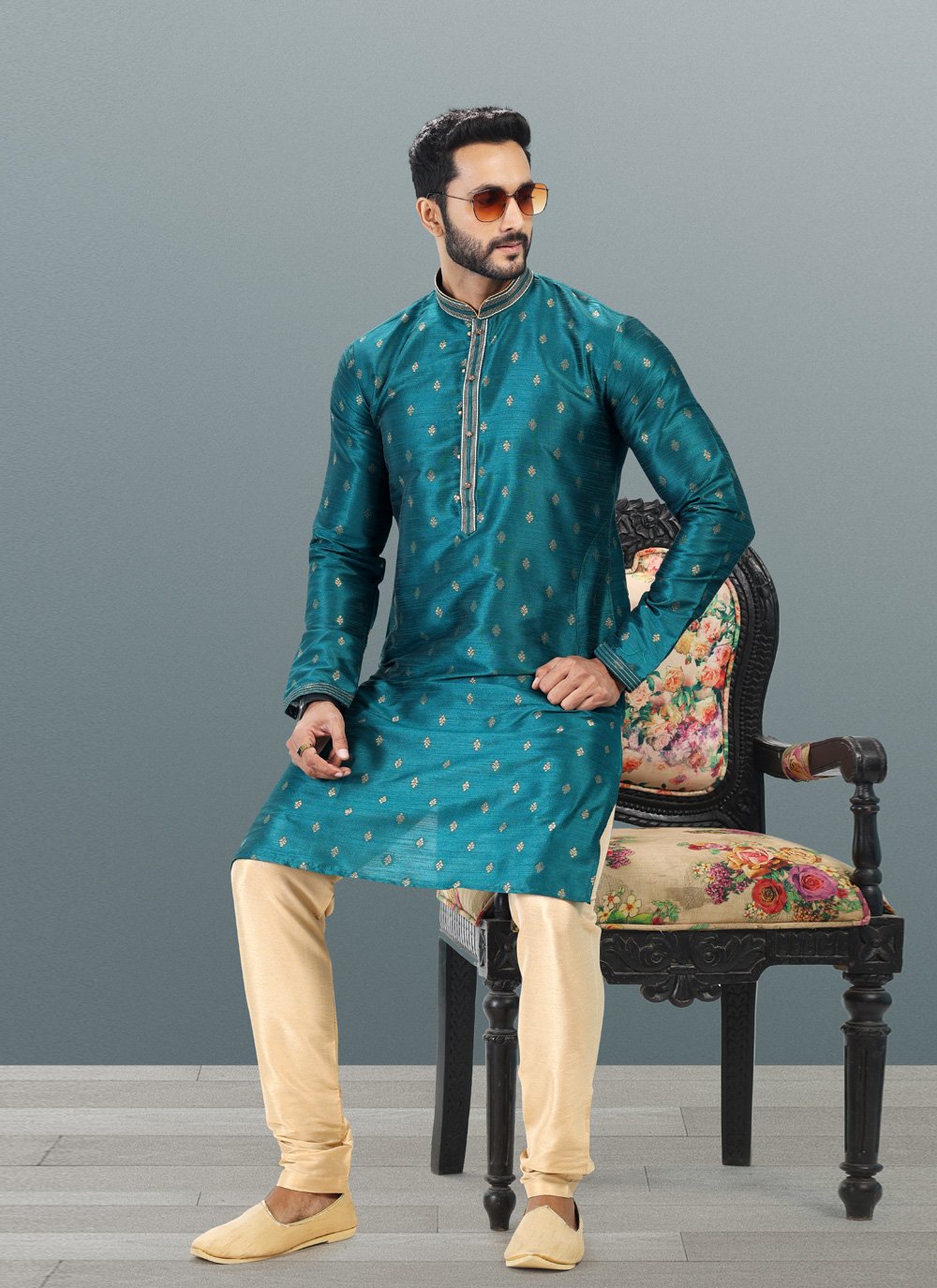 Kurta Pyjama Banarasi Silk Jacquard Teal Fancy Work Mens