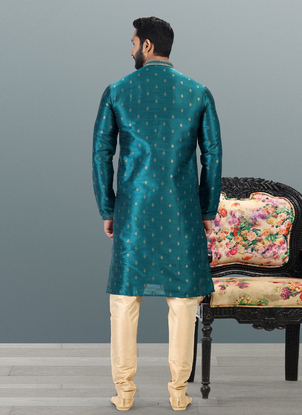 Kurta Pyjama Banarasi Silk Jacquard Teal Fancy Work Mens