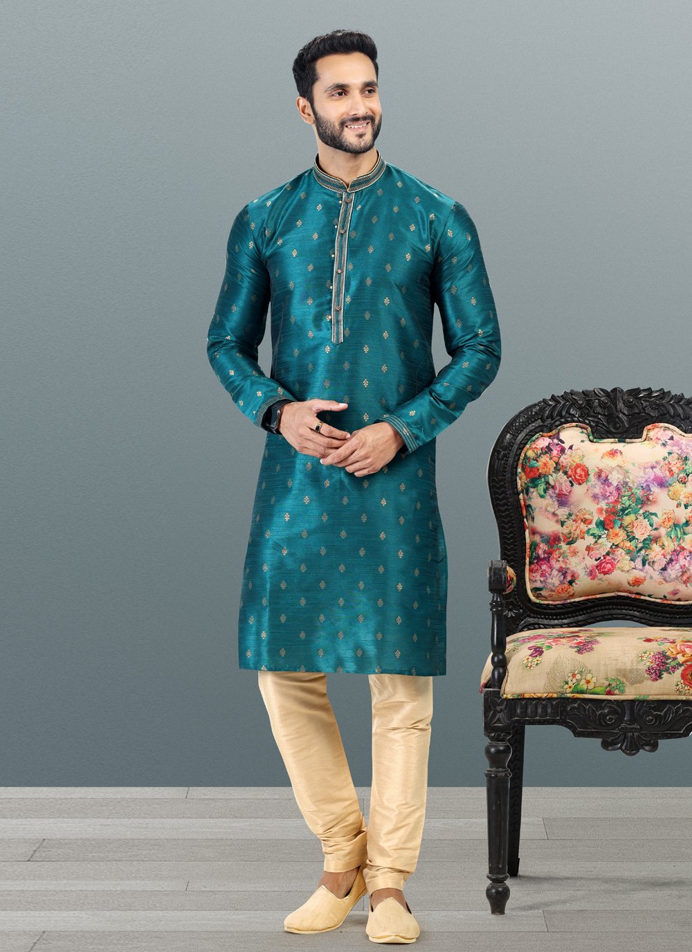 Kurta Pyjama Banarasi Silk Jacquard Teal Fancy Work Mens