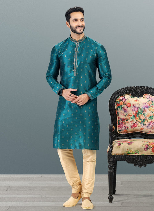 Kurta Pyjama Banarasi Silk Jacquard Teal Fancy Work Mens