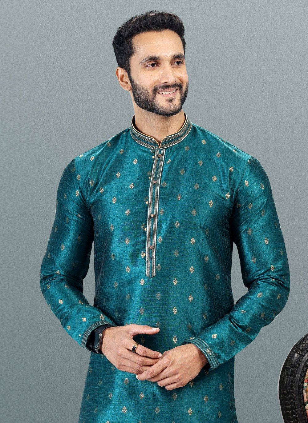 Kurta Pyjama Banarasi Silk Jacquard Teal Fancy Work Mens