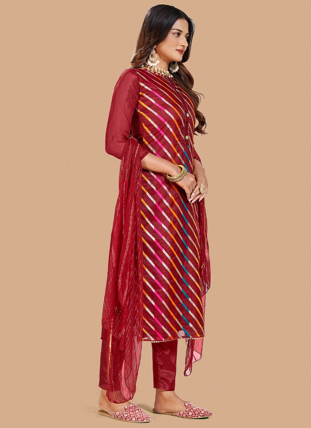 Salwar Suit Jacquard Organza Maroon Lace Salwar Kameez