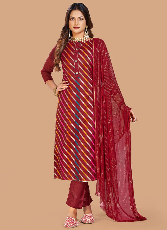 Salwar Suit Jacquard Organza Maroon Lace Salwar Kameez