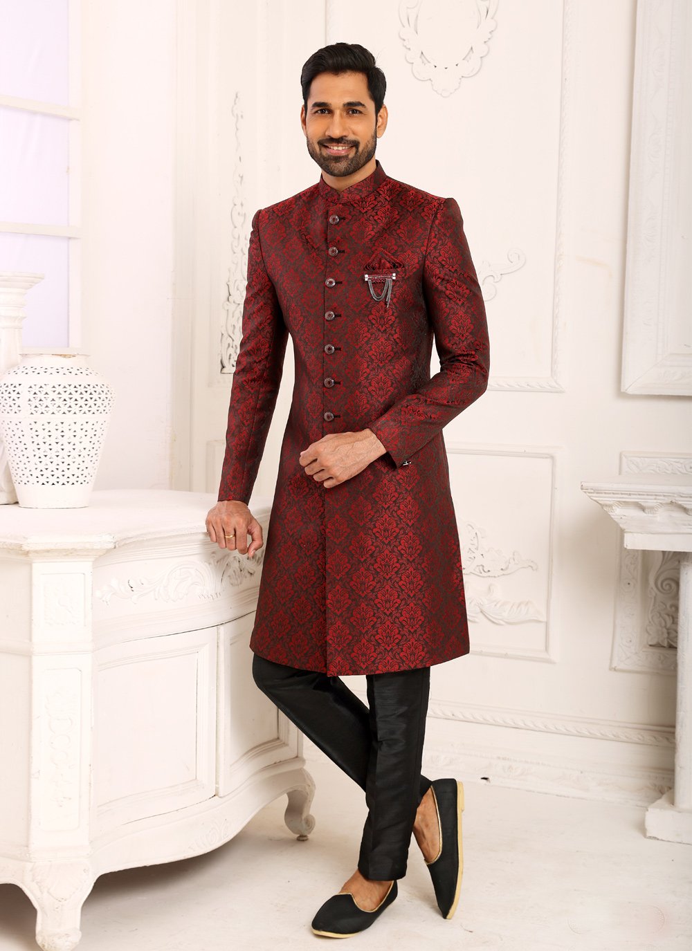 Indo Western Imported Jacquard Maroon Embroidered Mens