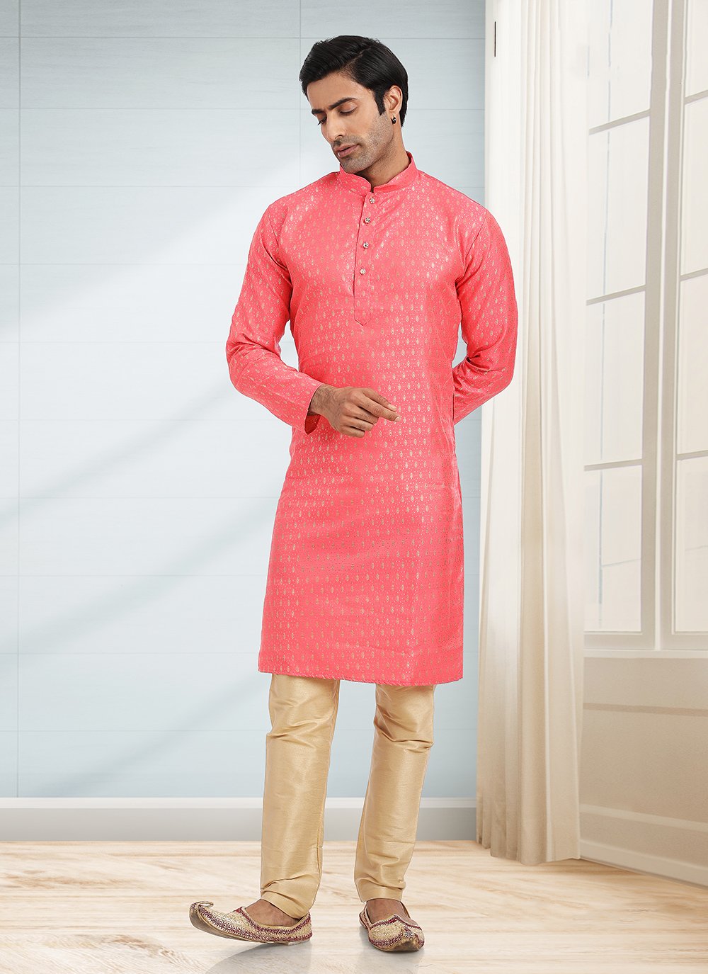 Kurta Pyjama Jacquard Pink Fancy Work Mens