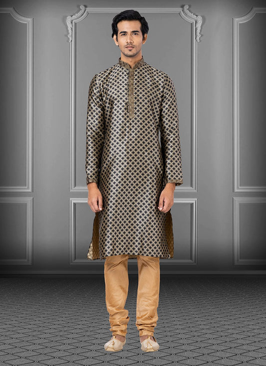 Kurta Pyjama Jacquard Black Print Mens