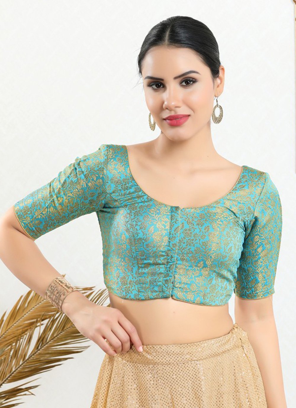 Designer Blouse Jacquard Sea Green Print Blouse