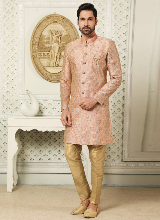 Indo Western Jacquard Pink Embroidered Mens