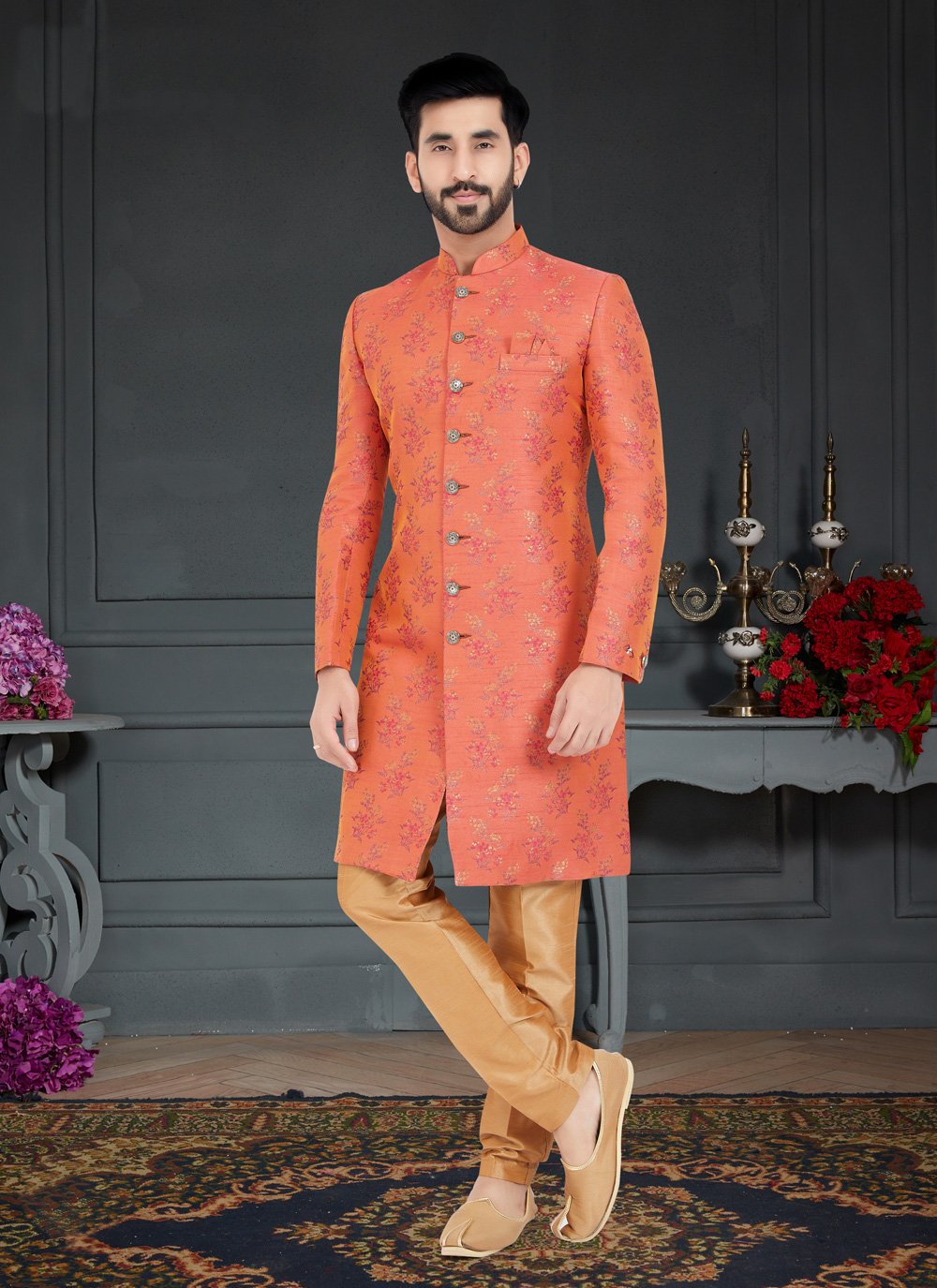 Indo Western Jacquard Pink Weaving Mens