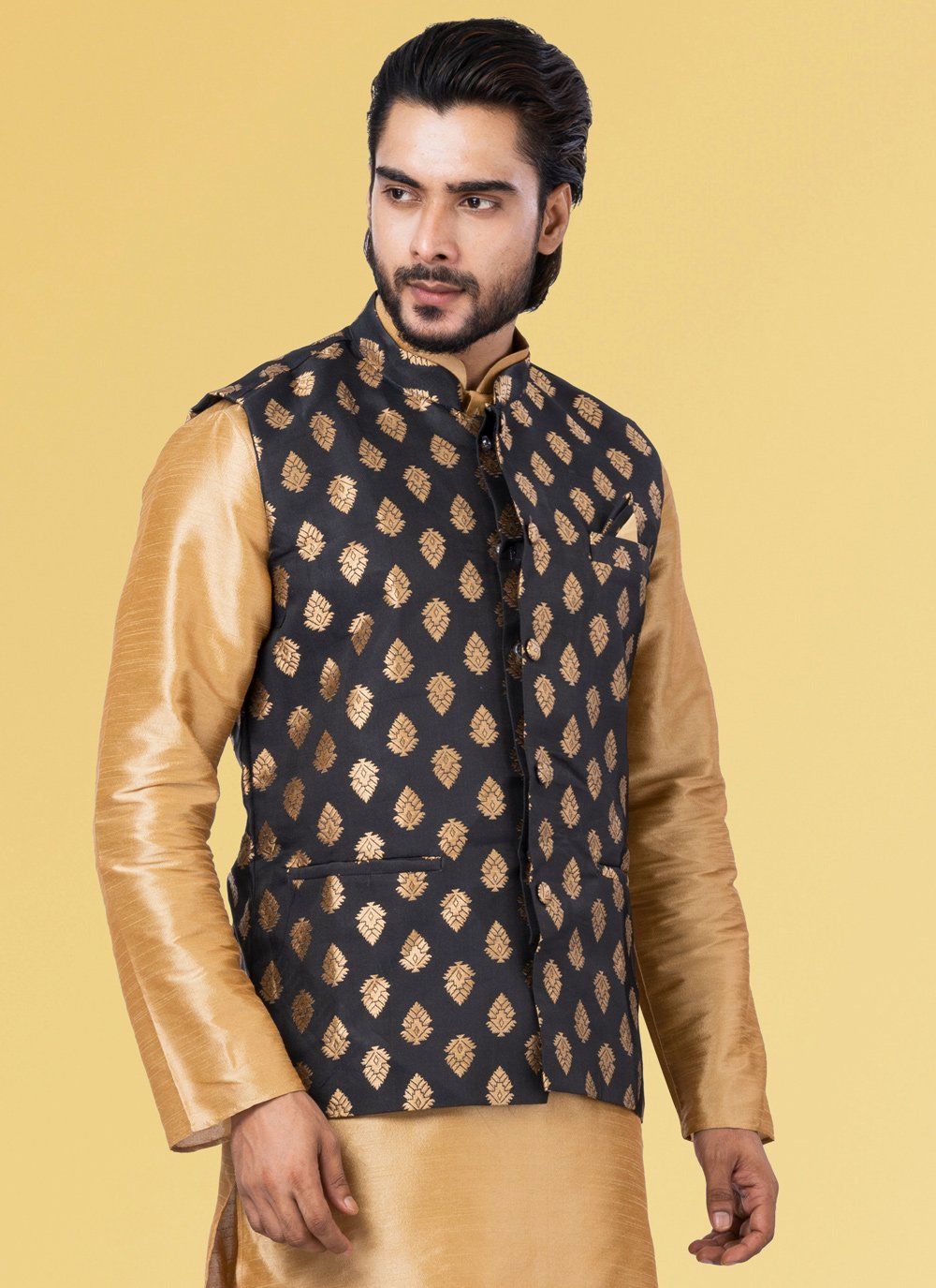 Nehru Jackets Jacquard Silk Black Embroidered Mens