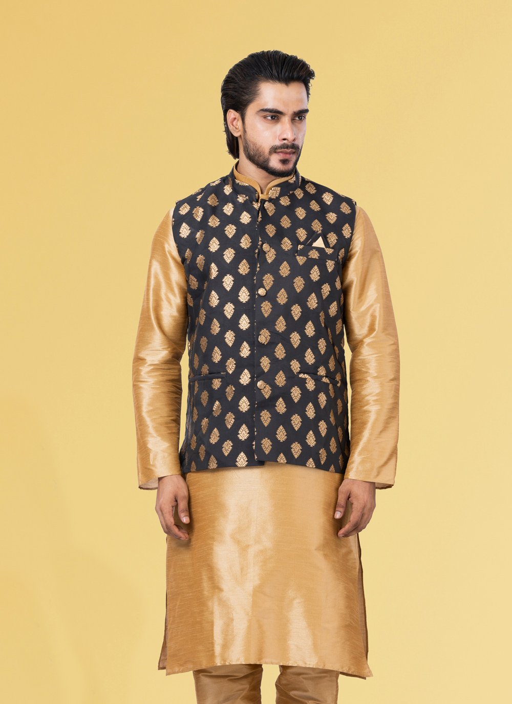 Nehru Jackets Jacquard Silk Black Embroidered Mens