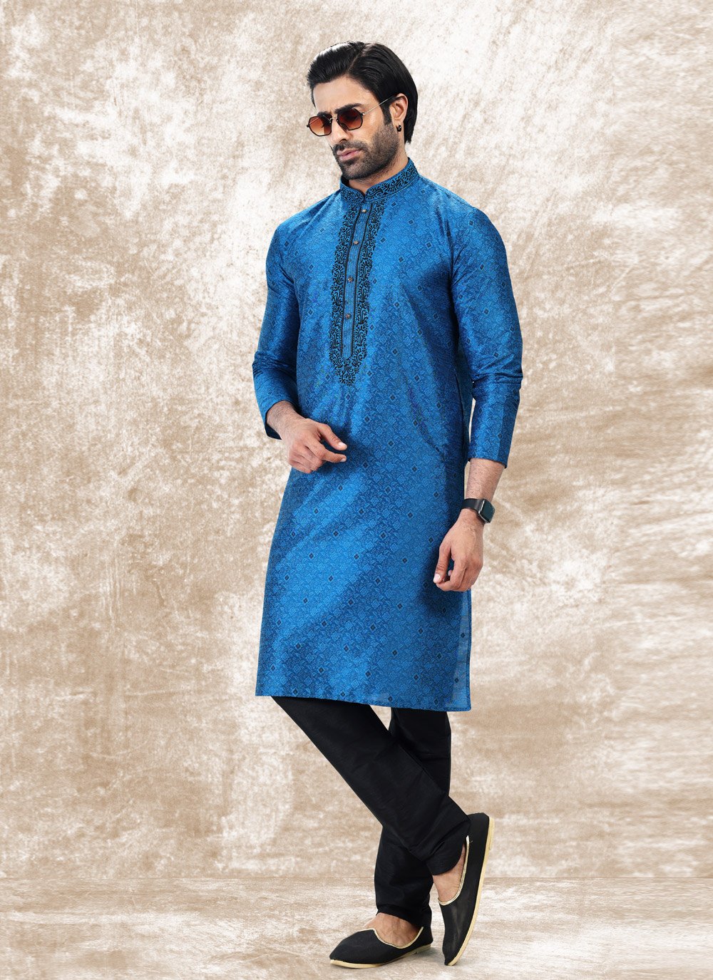 Kurta Pyjama Brocade Jacquard Silk Blue Fancy Work Mens