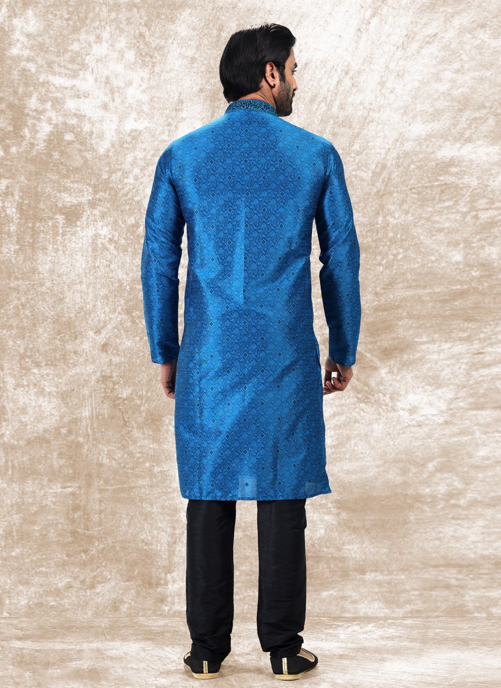 Kurta Pyjama Brocade Jacquard Silk Blue Fancy Work Mens