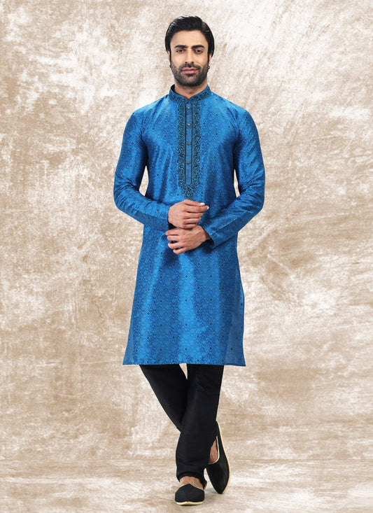Kurta Pyjama Brocade Jacquard Silk Blue Fancy Work Mens