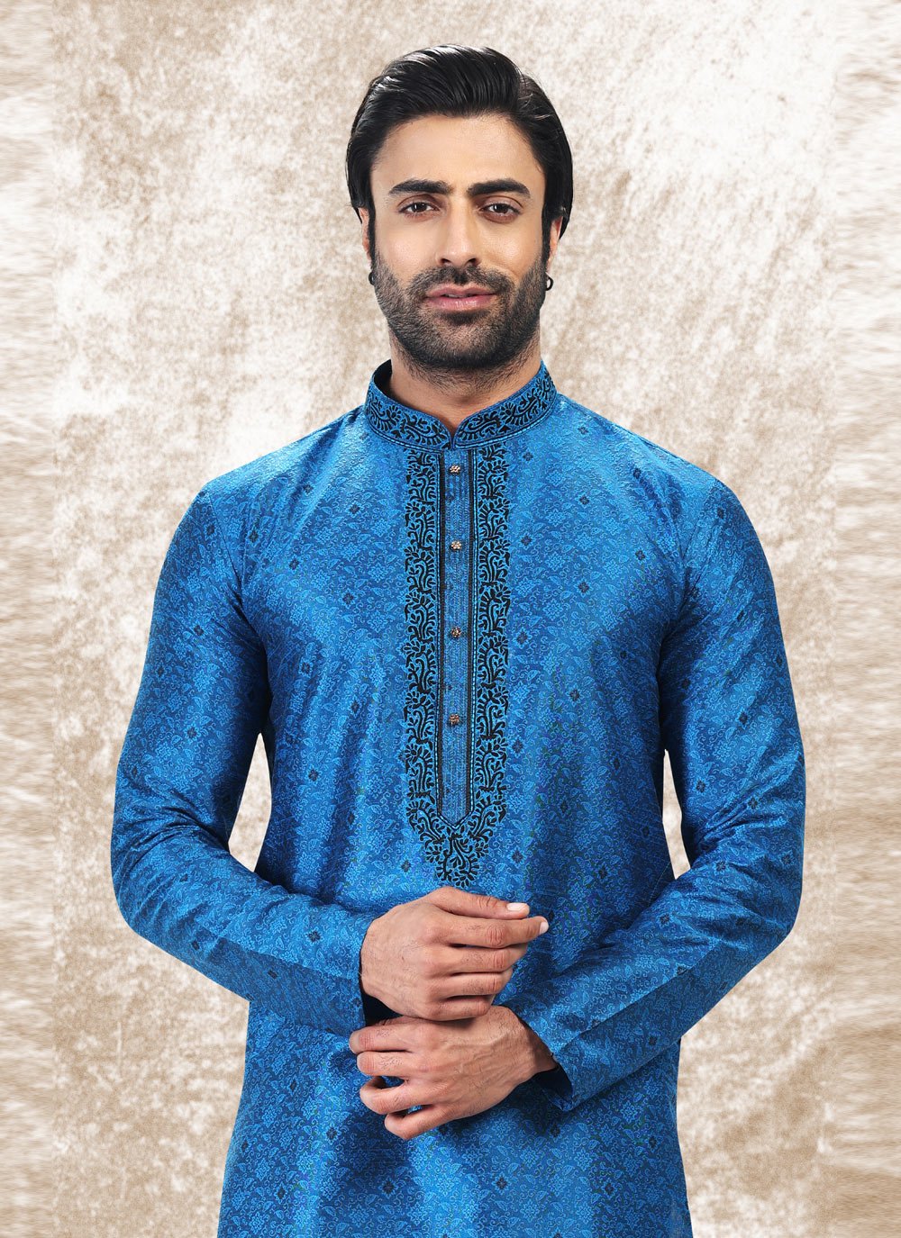 Kurta Pyjama Brocade Jacquard Silk Blue Fancy Work Mens