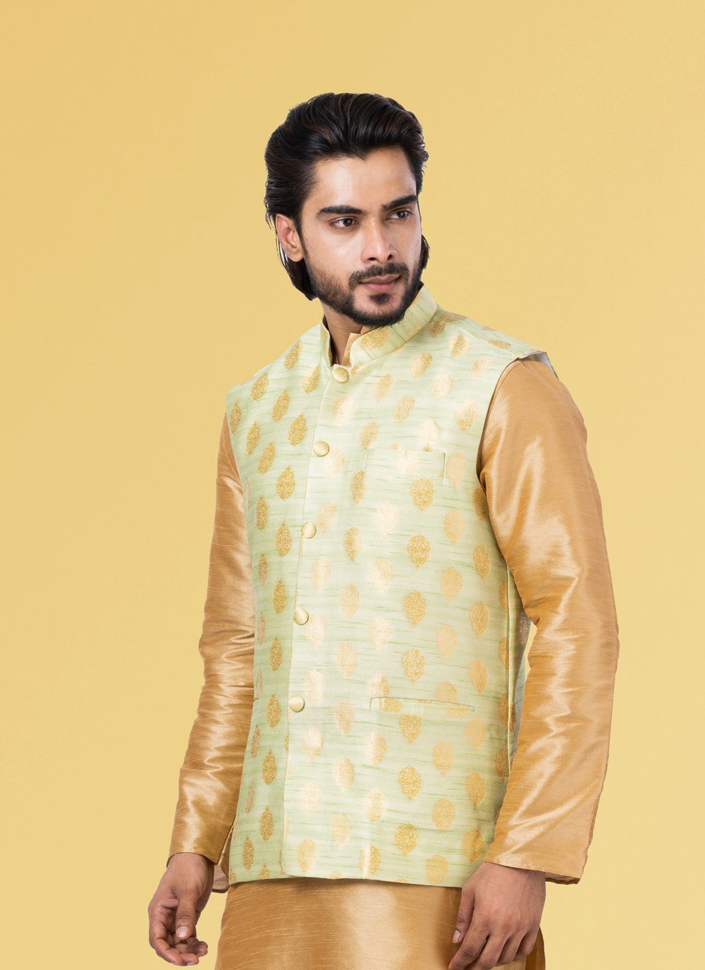 Nehru Jackets Jacquard Silk Gold Embroidered Mens