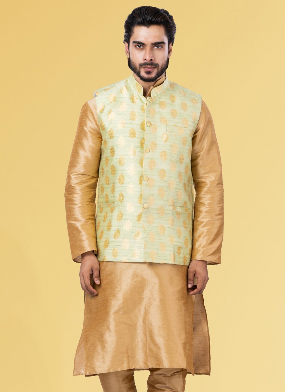 Nehru Jackets Jacquard Silk Gold Embroidered Mens