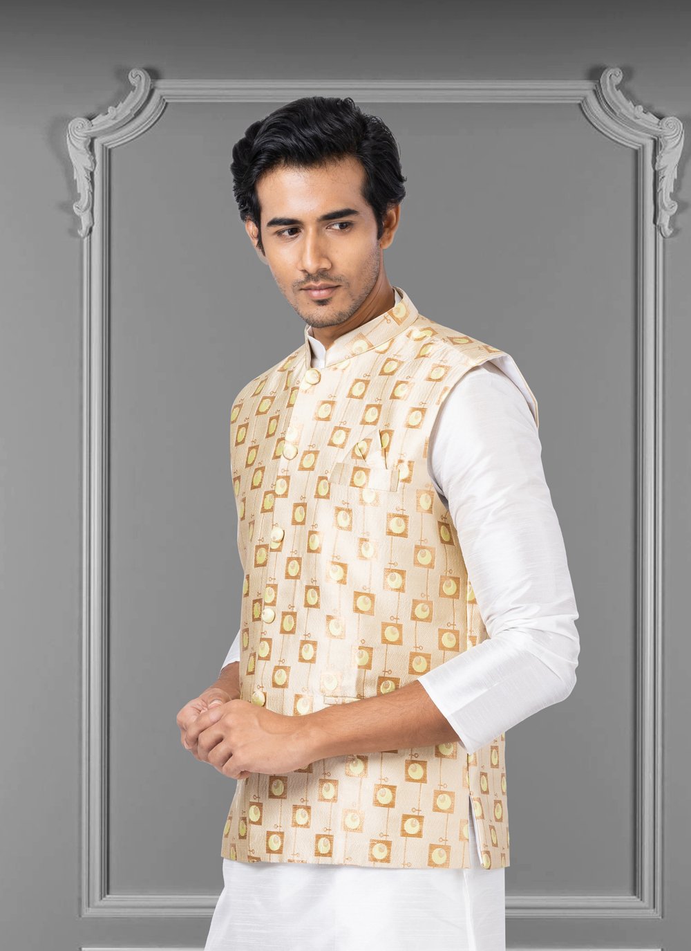 Nehru Jackets Jacquard Silk Peach Embroidered Mens