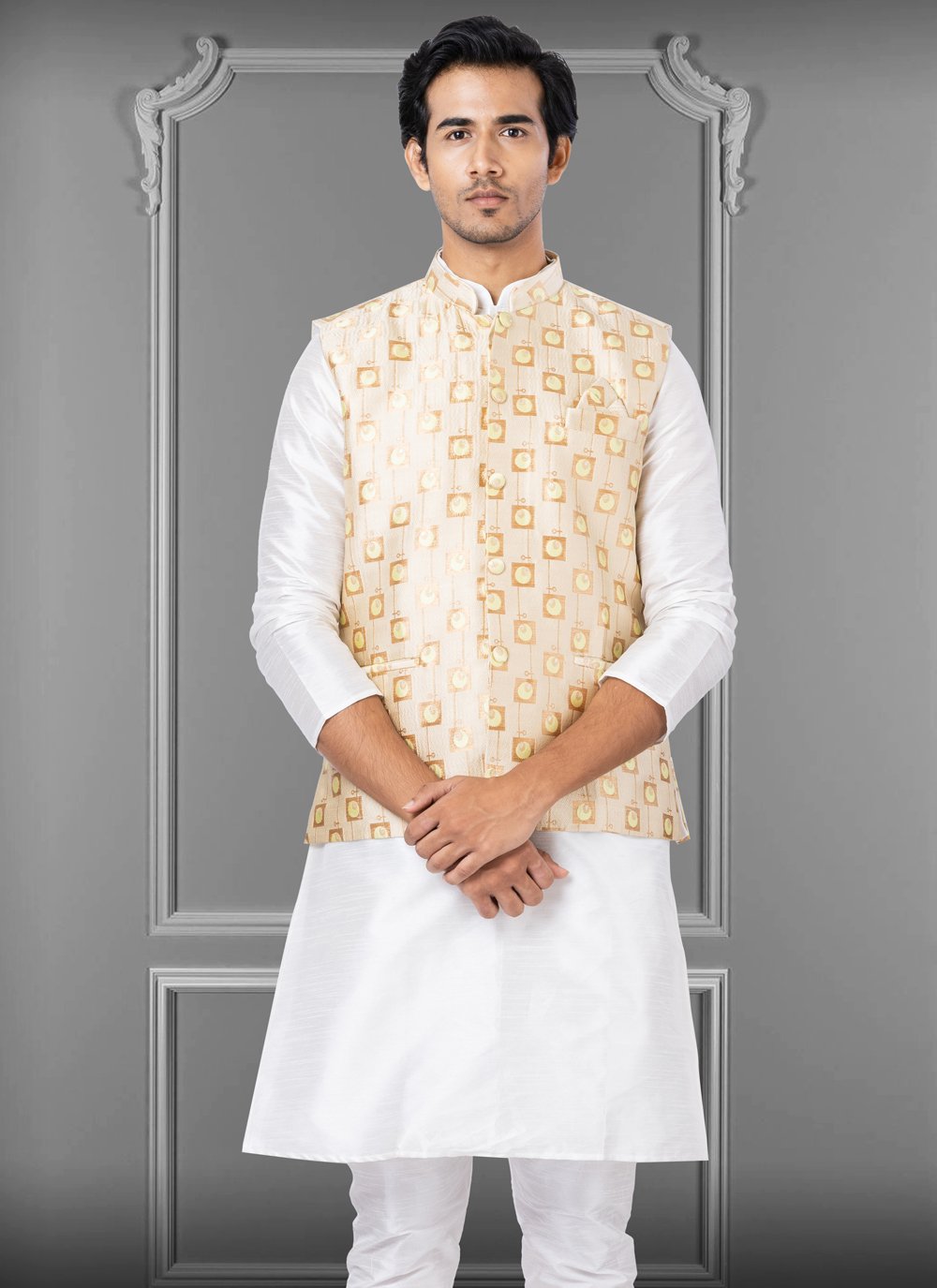 Nehru Jackets Jacquard Silk Peach Embroidered Mens