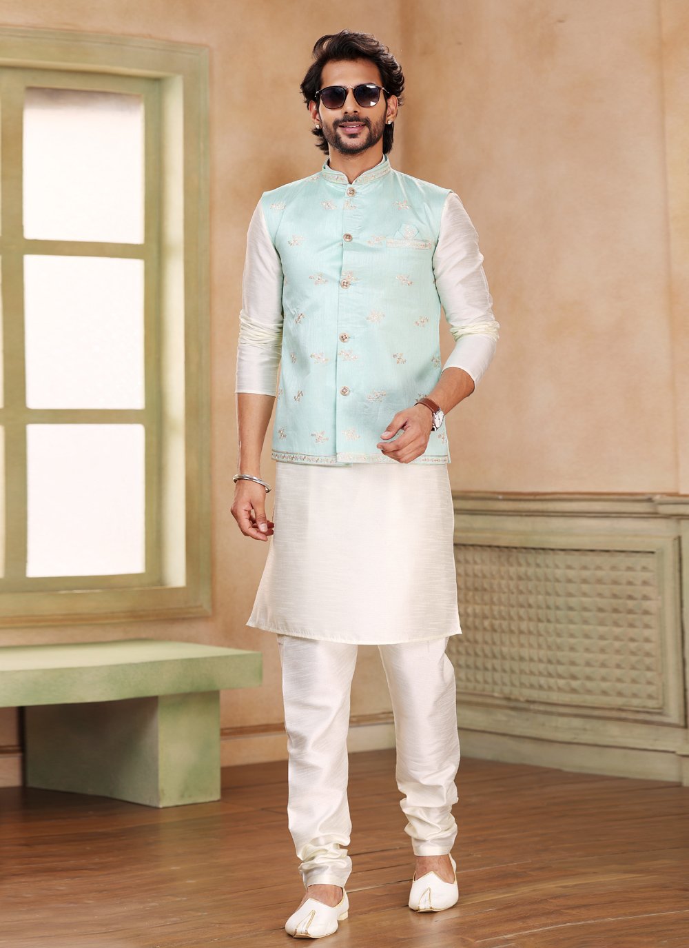Stylish silk jacquard jacket with kurta store