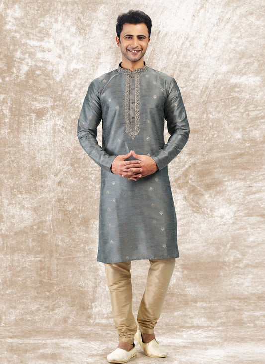 Kurta Pyjama Brocade Jacquard Silk Grey Fancy Work Mens