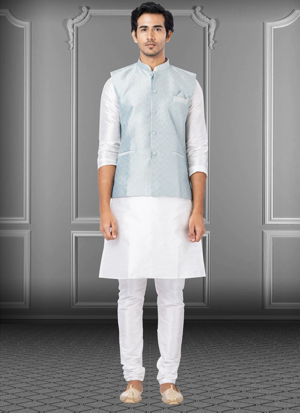 Kurta Payjama With Jacket Dupion Silk Jacquard Silk Off White Turquoise Fancy Work Mens