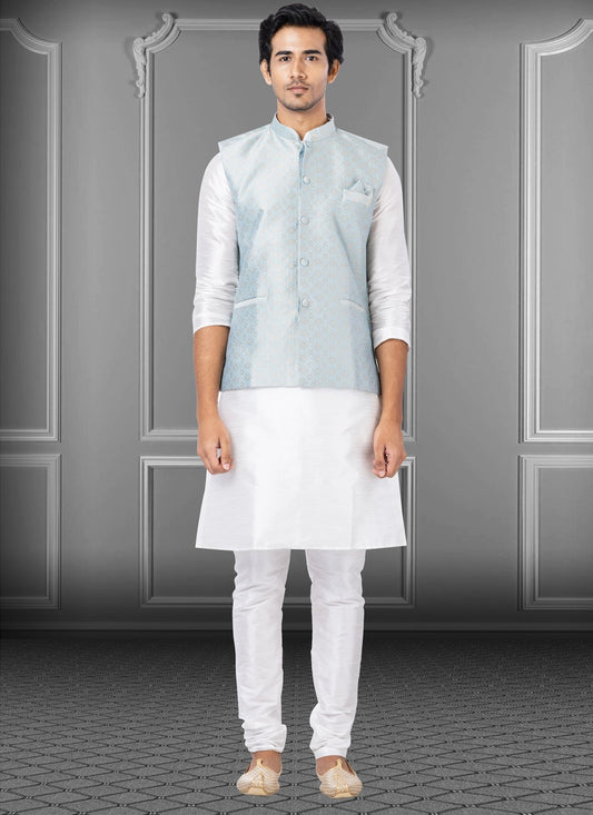 Kurta Payjama With Jacket Dupion Silk Jacquard Silk Off White Turquoise Fancy Work Mens